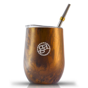 Mate ovalado marrón con tapa, dos bombillas y cepillo