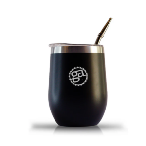 Mate calabaza ovalado negro con tapa, dos bombillas y cepillo