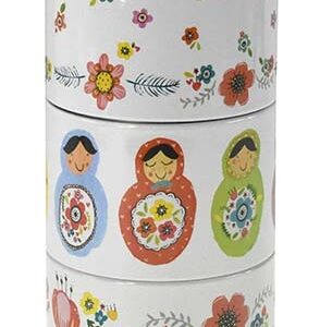 Juego de tres latas apilables con dibujos de Matroschkas
