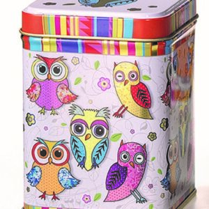 Lata de 100 g decorada con motivos de lechuzas